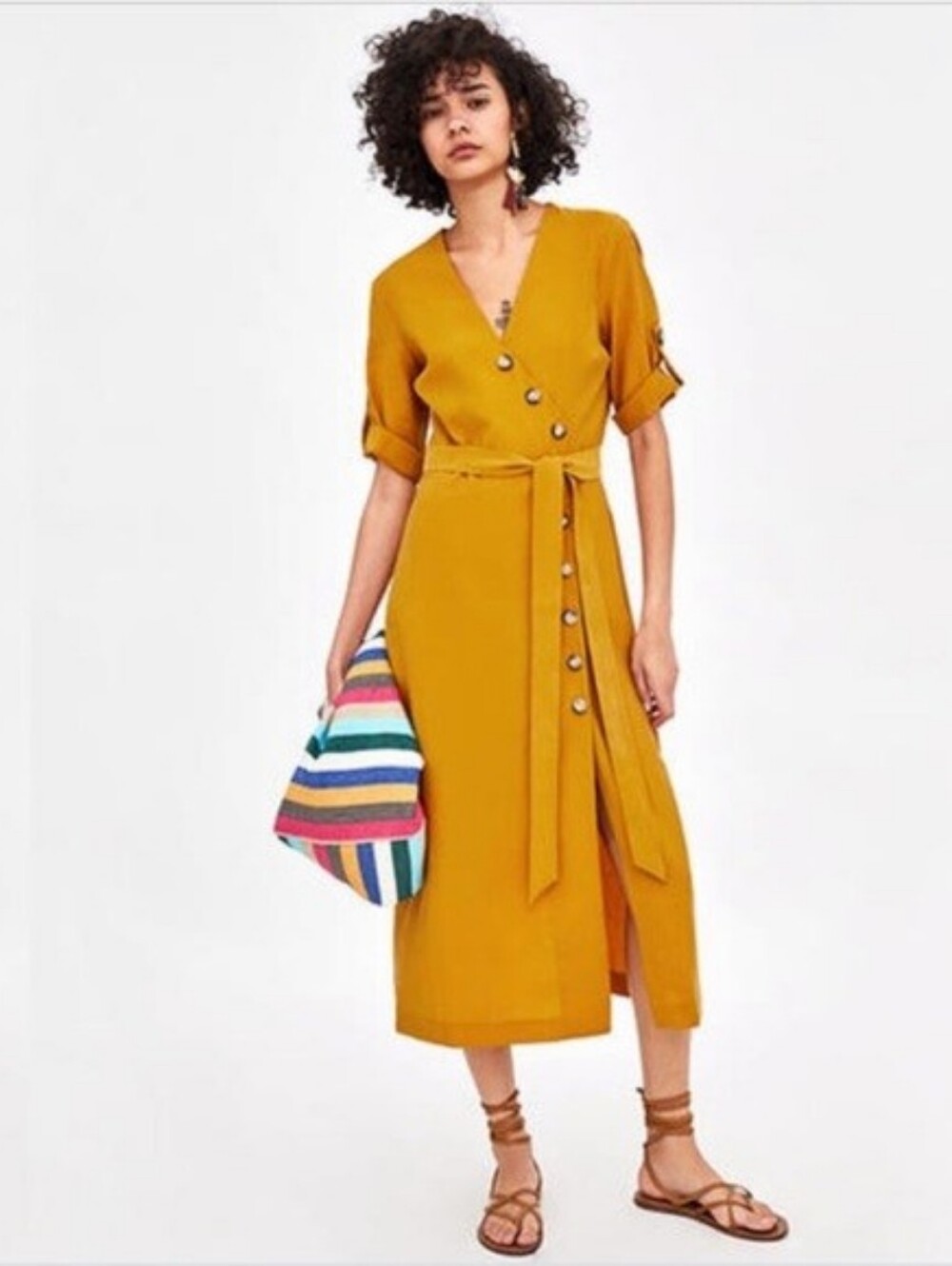 Zara trf Yellow Mustard Button-Up Midi Dress Size S
